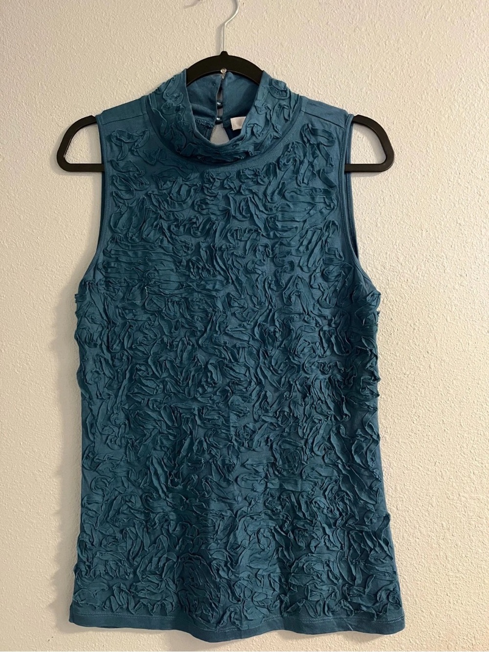 Kenar Teal Sleeveless Mock Neck Tank with Rosette Texture